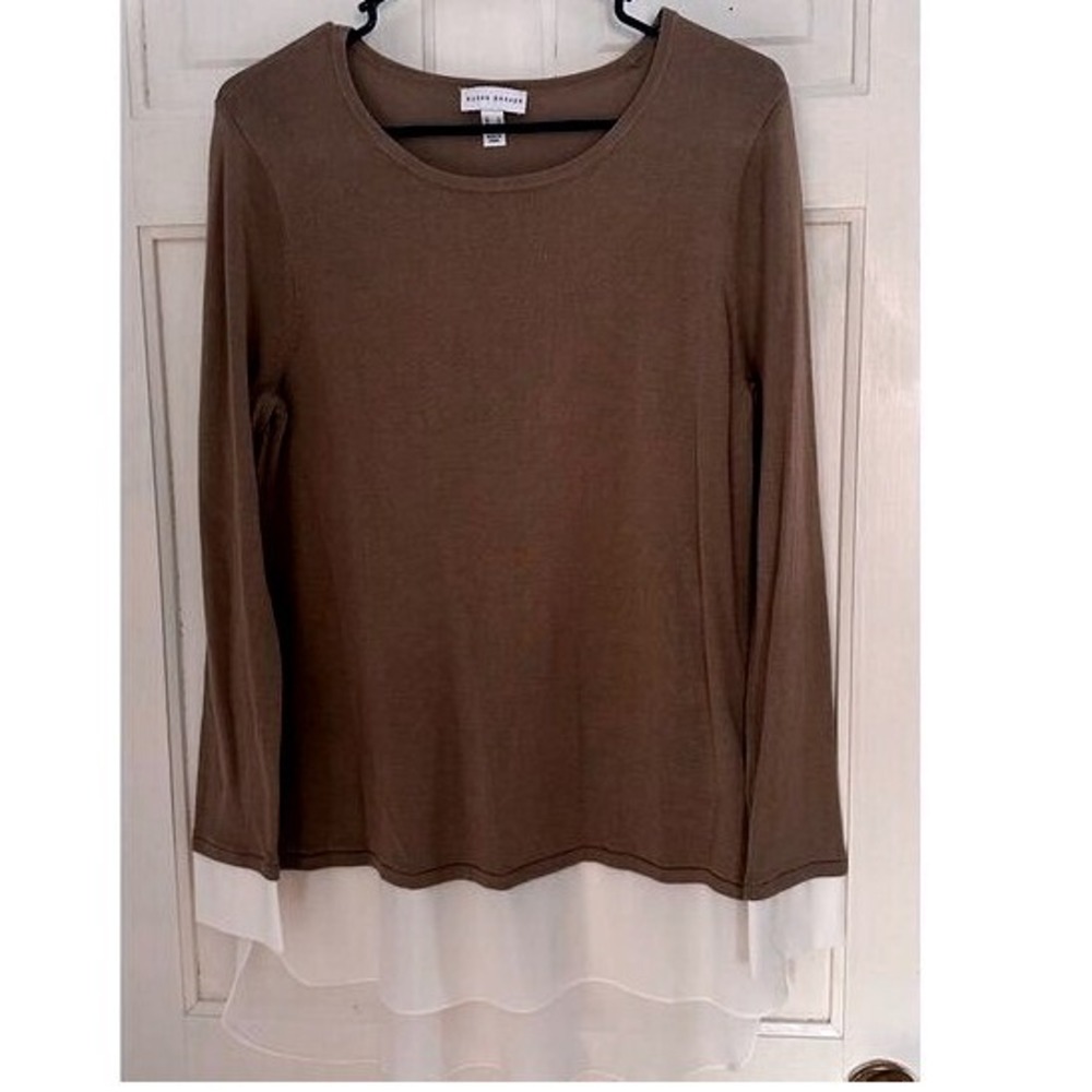 Susan Graver Women Taupe Brown Layered Chiffon Hem Long Sleeve Tunic Sweater M